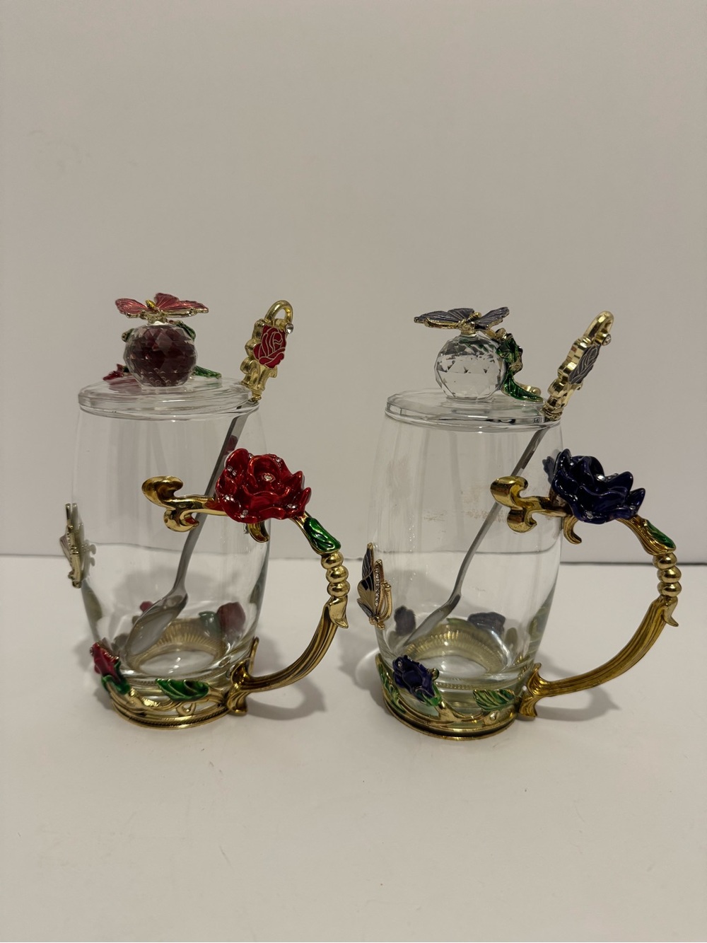 ARC of France Clear Glass Tea Glass Enamel Floral & Butterfly With Lid And Spoon